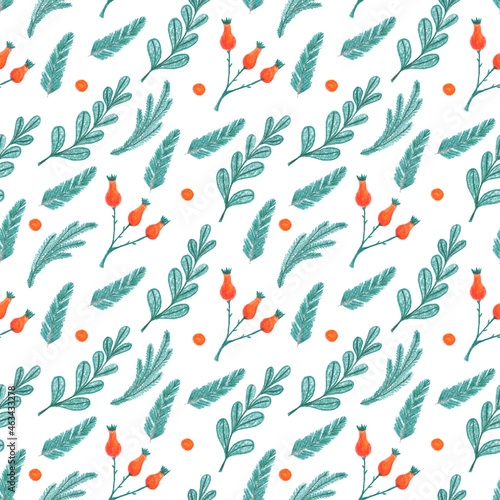Watercolor Christmas greenery seamless pattern. Hand drawn winter botanical illustration for fabric, textile, wrapping paper and other.