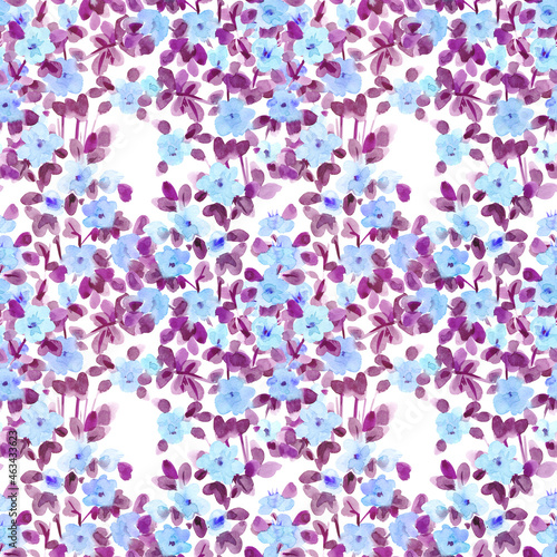 rural seamless texture with little blue flowers and purple leaves. watercolor painting