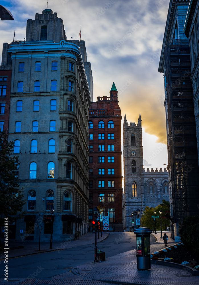 Bell tower of Notre-Dame Basilica in Montreal at sunrise