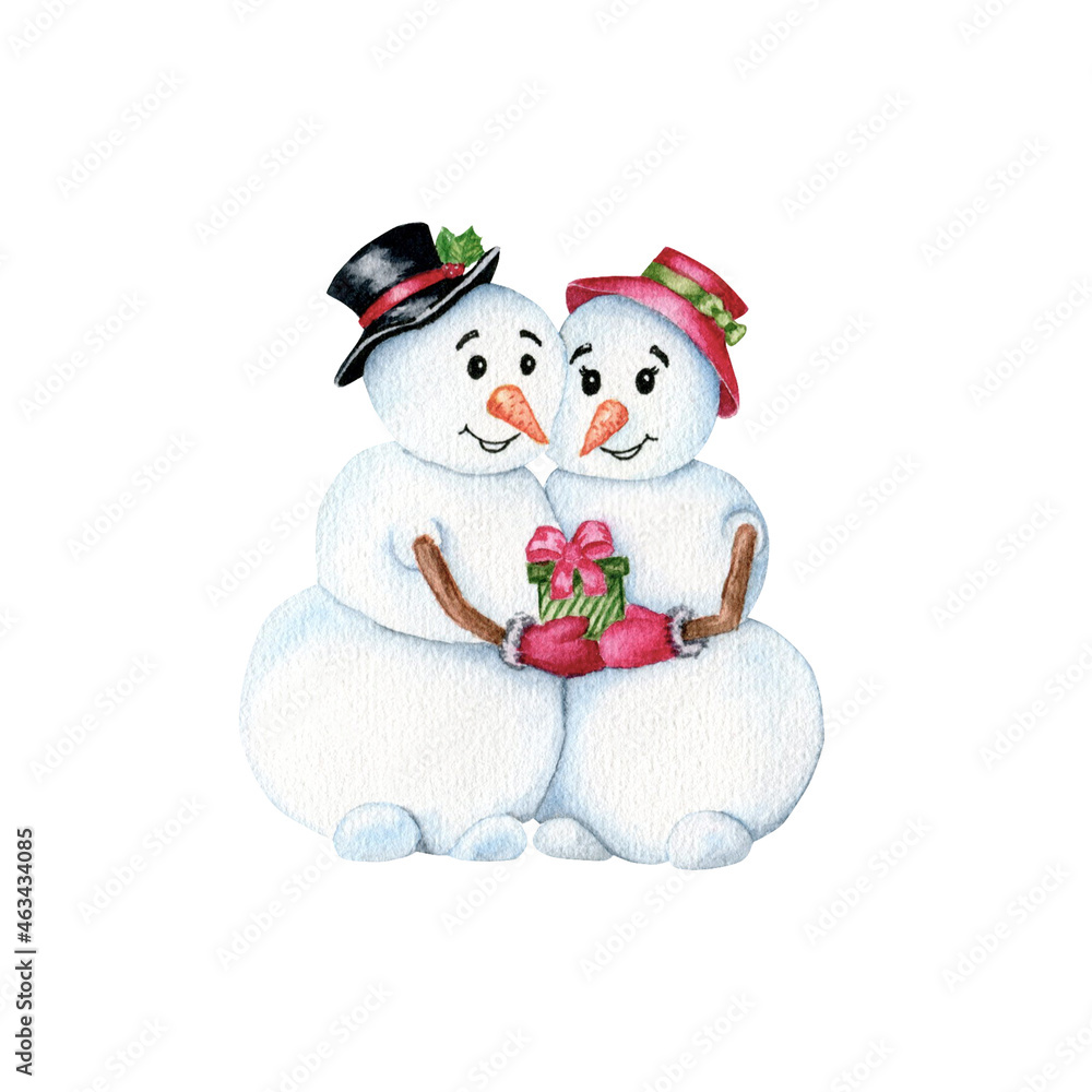 Watercolor illustration. Two snowmen in love give each other a gift 