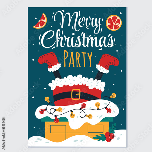Merry Christmas and Happy New Year party greeting Santa Clause in chimney card flyer poster design element vector illustration