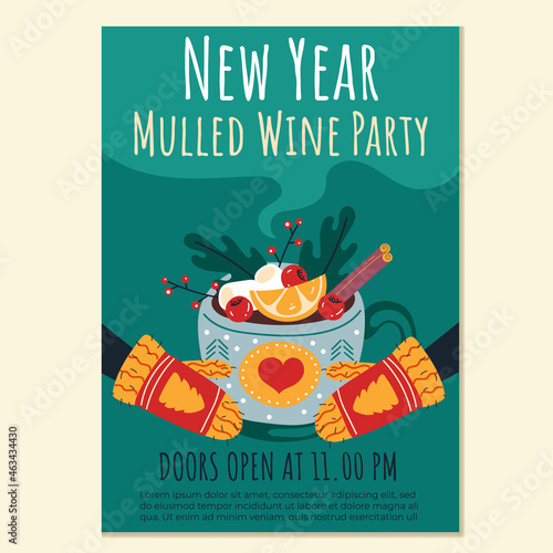 Merry Christmas and Happy New Year party greeting mulled wine card flyer poster design element vector illustration