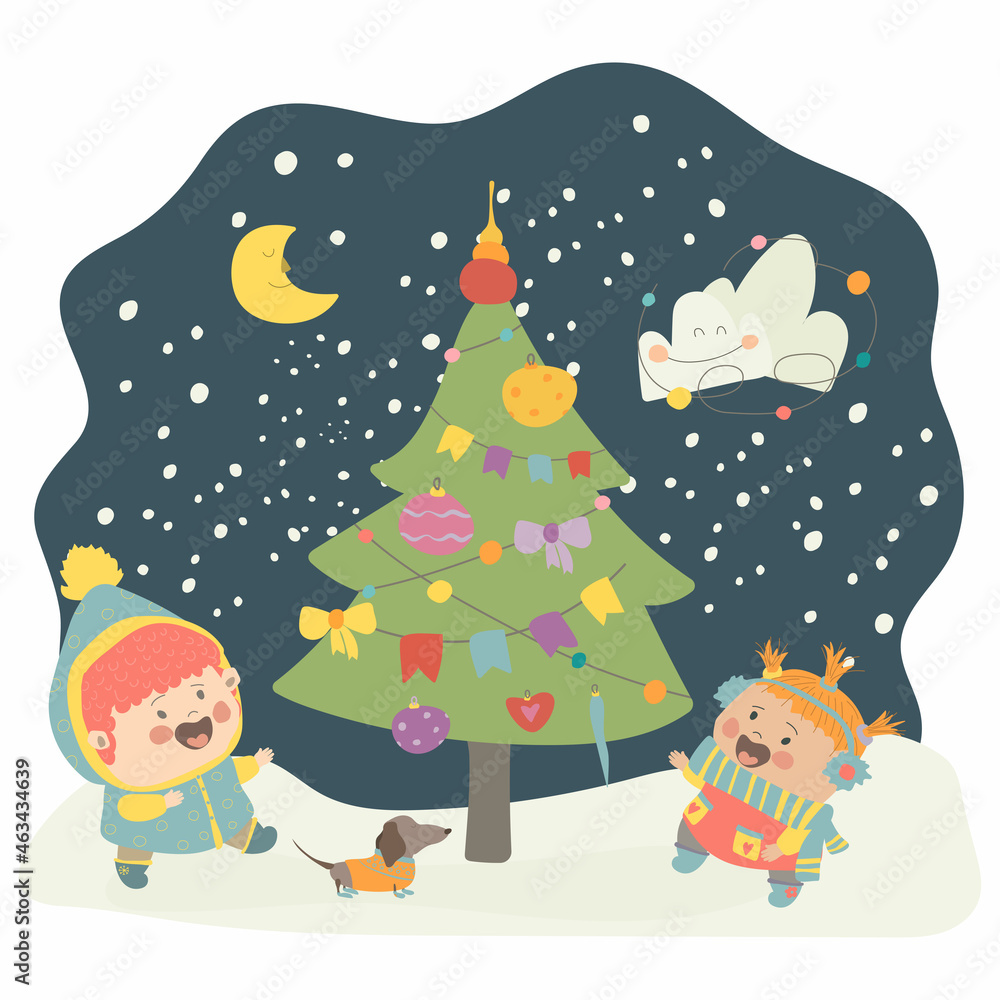 Little girls playing outside near the Christmas tree. Two friends rejoice in winter and snowman. Vector isolated illustration in cartoon style. For print, web design.