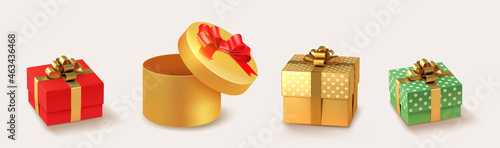 Set of gifts box. Collection realistic vector gift presents. Christmas golden and silver gifts.