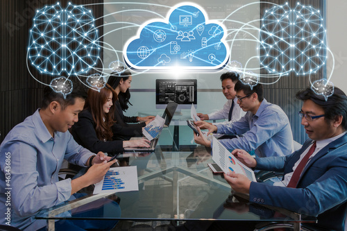 Group Of Asian and Multiethnic Business people brainstorming and working with brain and virtual screen connecting with cloud technolog in the modern workplace, business group and technology concept
