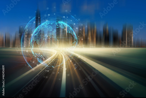 Particle earth with technology network circle over Elevated Train Tracks are running above the Railroad tracks heading to New York cityscape, Technology and innovation concept, photo