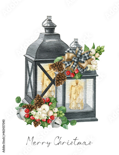 Christmas composition with lanterns.Watercolor winter card with a lantern, red berries, ribbon, pine cone, snowberries isolated on white background.Winter holiday elements.