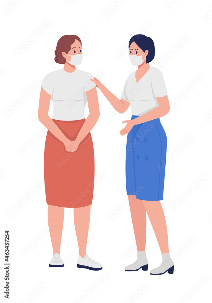 Women in face mask talking semi flat color vector characters. Standing figures. Full body people on white. New normal isolated modern cartoon style illustration for graphic design and animation Women in face mask talking semi flat color vector characters. Standing figures. Full body people on white. New normal isolated modern cartoon style illustration for graphic design and animation