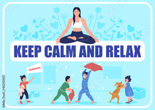 Parenthood poster flat vector template. Stress relief while looking after kids. Brochure, booklet one page concept design with cartoon characters. Keep calm and relax flyer, leaflet with copy space