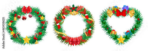 set of realistic christmas wreath garland ornament isolated or christmas decoration wreath with golden bells and red bow ribbon or merry christmas decoration. eps vector