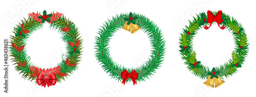 set of realistic christmas wreath garland ornament isolated or christmas decoration wreath with golden bells and red bow ribbon or merry christmas decoration. eps vector