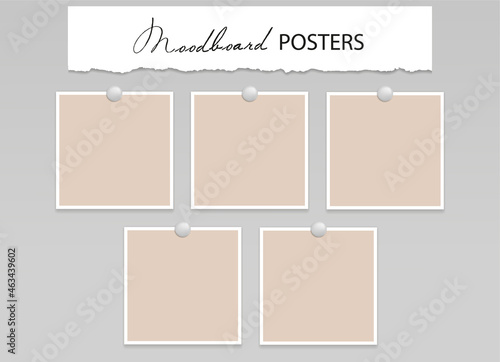 Set of square photo frames on pins. 5 empty posters or paper sheets for note on a gray background. Mood board Blank template. Vector realistic Mockup. EPS10