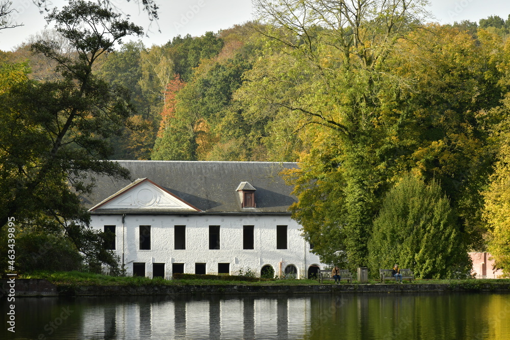 Obraz premium Le prieuré de l'abbaye du Rouge-Cloître dans un cadre bucolique en automne se reflétant dans l'étang en pleine forêt de Soignes à Auderghem