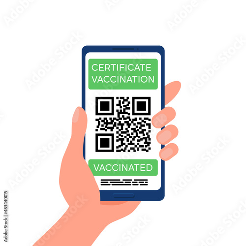 Electronic Certificate of vaccine from covid-19 with QR code. Hand holds Smartphone with Health passport app on screen for control, check of safety from coronavirus infection. Vector illustration 