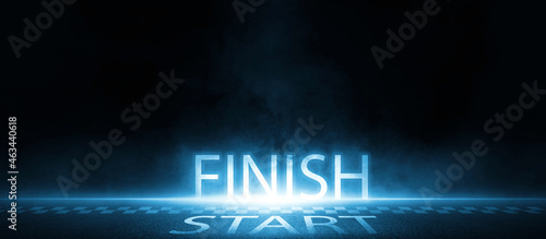 Background of an empty dark, rendering abstract race track start and finish line racing on the night neon light, smoke, glow photo