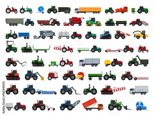 Vector collection of agricultural machinery and transport. Detailed illustrations of special vehicles.