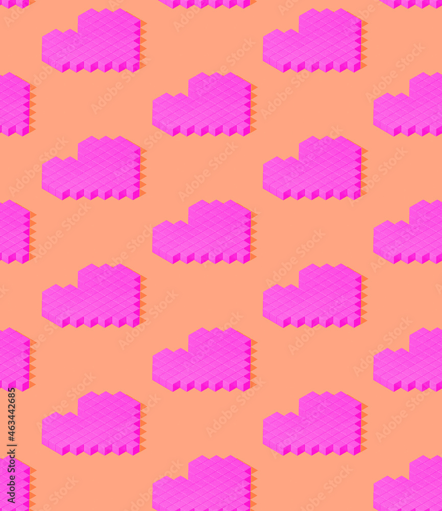 Seamless 3d rendern isometric pattern.  Minimal design. Creative hearts. Sweet candy shop, Valentine's Day, birthday party concept