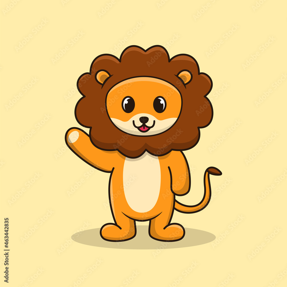Obraz premium Cute and adorable lion smile and waving hand vector cartoon illustration