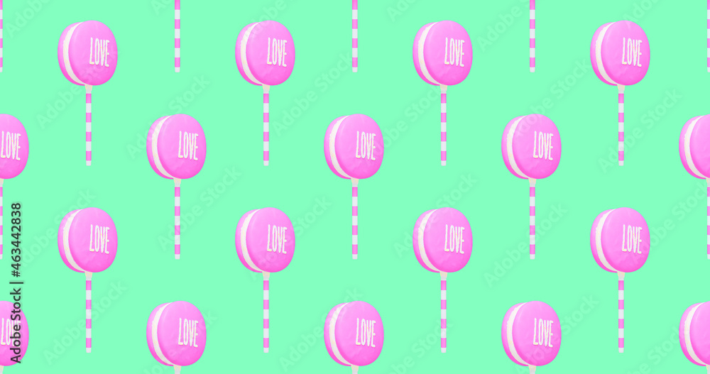 Seamless 3d render pattern. Banner. Minimal design.  Loli pop with text love. Sweet candy shop, Valentine's Day, party concept