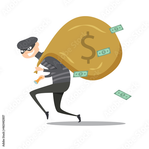 Canvas Print Sneaking thief with money bags cartoon on white background