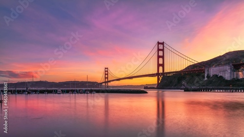 Golden Gate Bridge at sunset from a marina