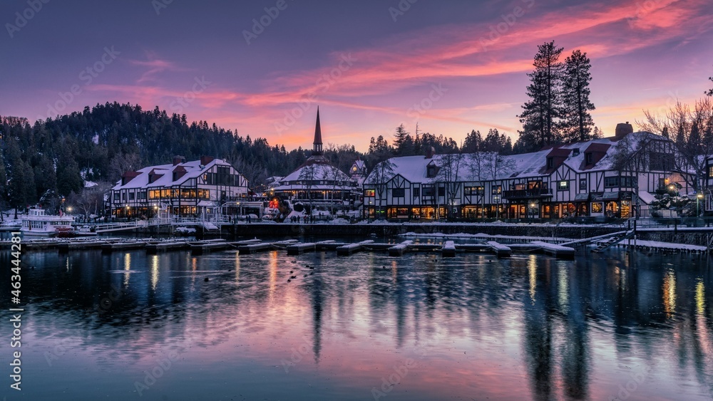 Fototapeta premium Lake Arrowhead Village at sunset, California