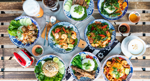 Thai food as a whole, taken from a top view