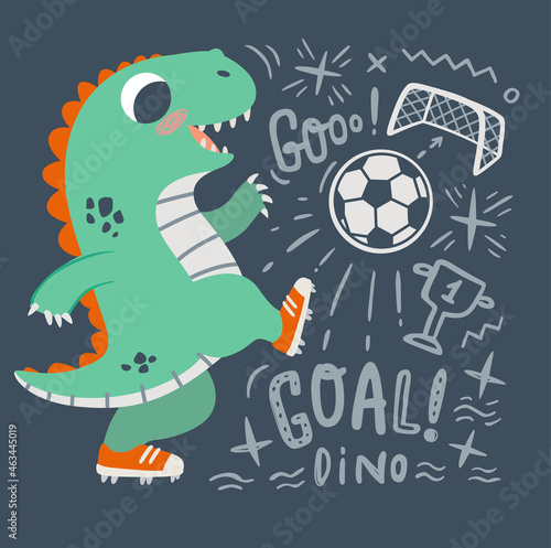 Cute little dinosaur Plays Soccer. Dino plays with ball on dark background vector illustration. Ideal for cards, poster, prints, anniversary, nursery clothing, kids room