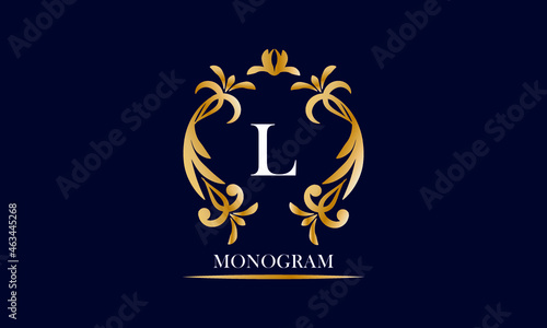 Golden elegant monogram on a black background with the inscription and the letter L in white. Vector heraldic illustration. Luxury ornament sign, restaurant, boutique, cafe, hotel