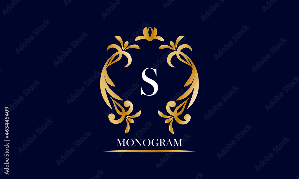 Golden elegant monogram on a black background with the inscription and the letter S in white. Vector heraldic illustration. Luxury ornament sign, restaurant, boutique, cafe, hotel Golden elegant monogram on a black background with the inscription and the letter S in white. Vector heraldic illustration. Luxury ornament sign, restaurant, boutique, cafe, hotel