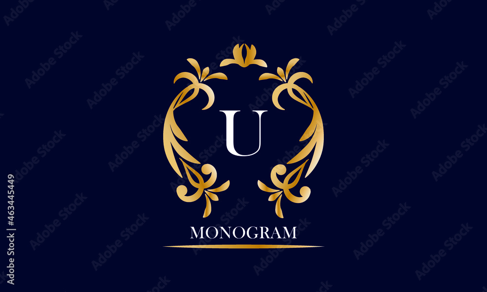 Golden elegant monogram on a black background with the inscription and the letter U in white. Vector heraldic illustration. Luxury ornament sign, restaurant, boutique, cafe, hotel Golden elegant monogram on a black background with the inscription and the letter U in white. Vector heraldic illustration. Luxury ornament sign, restaurant, boutique, cafe, hotel