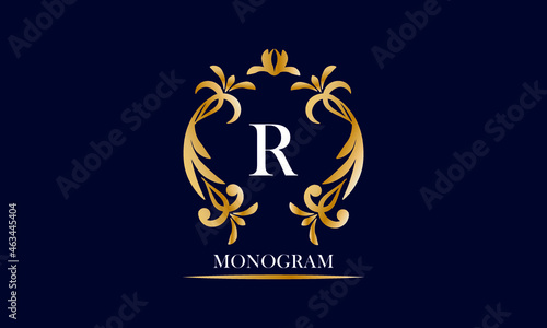 Golden elegant monogram on a black background with the inscription and the letter R in white. Vector heraldic illustration. Luxury ornament sign, restaurant, boutique, cafe, hotel