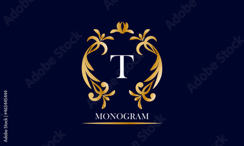 Golden elegant monogram on a black background with the inscription and the letter T in white. Vector heraldic illustration. Luxury ornament sign, restaurant, boutique, cafe, hotel
