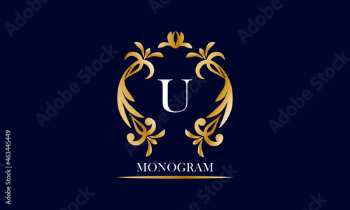 Golden elegant monogram on a black background with the inscription and the letter U in white. Vector heraldic illustration. Luxury ornament sign, restaurant, boutique, cafe, hotel
