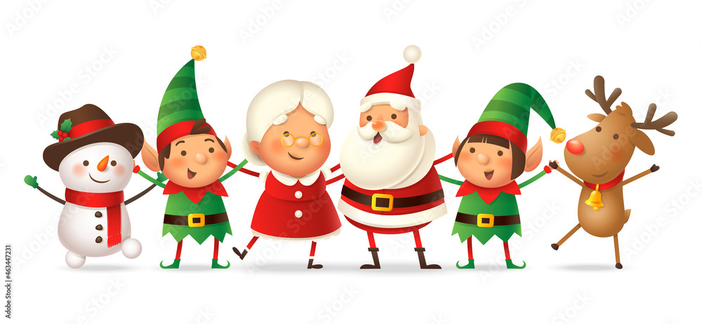 Cute friends Santa Claus, Mrs Claus, Elfs girl and boy, Reindeer and Snowman celebrate Christmas holidays - vector illustration isolated