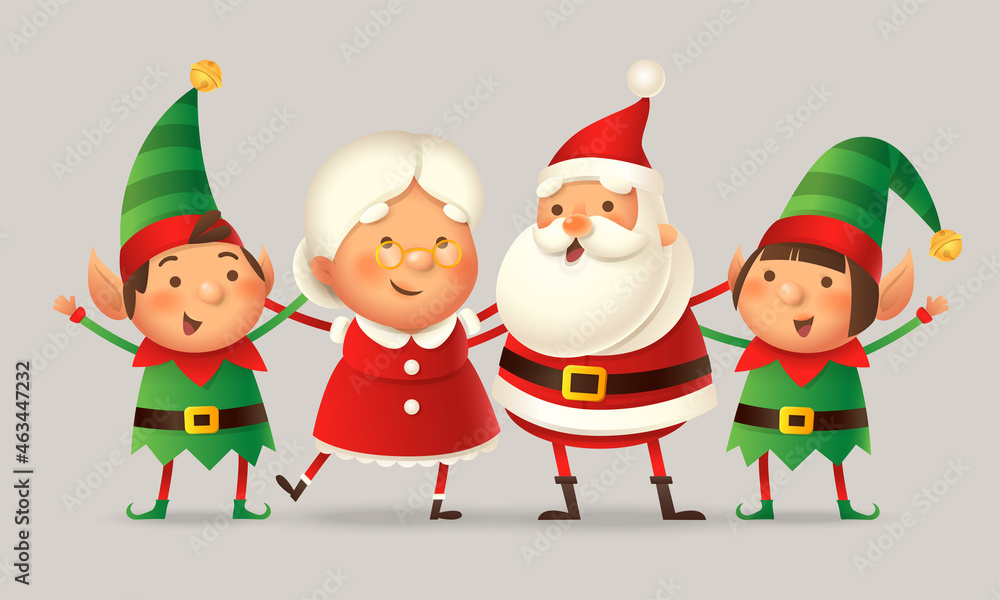 Cute friends celebrate Christmas - Santa Claus, Mrs Claus, Elfs girl and boy - vector illustration isolated Cute friends celebrate Christmas - Santa Claus, Mrs Claus, Elfs girl and boy - vector illustration isolated