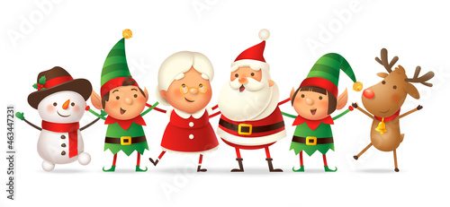 Cute friends Santa Claus, Mrs Claus, Elfs girl and boy, Reindeer and Snowman celebrate Christmas holidays - vector illustration isolated
