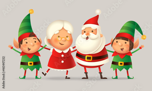 Cute friends celebrate Christmas - Santa Claus, Mrs Claus, Elfs girl and boy - vector illustration isolated