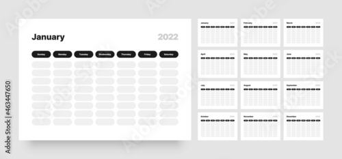 Printable weekly planner template. Business organizer page for effective planning. Twelve months for 2022. Week starts on Sunday.