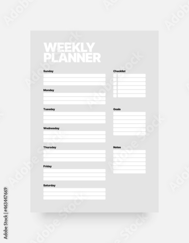 Printable weekly planner template. Business organizer page for effective planning. Week starts on Sunday.