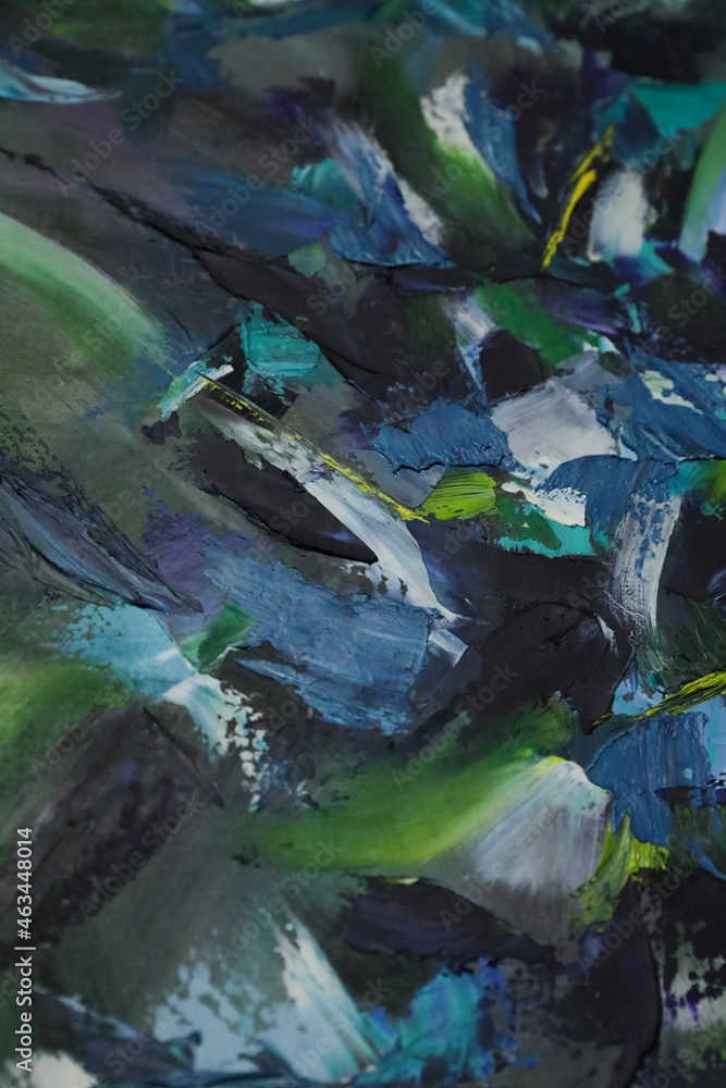 Naklejka premium Green bright acrylic texture, with thick strokes. Blue, white, yellow, bright