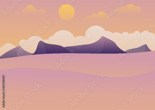 Desert mountain landscape, great design for any purposes. Vector illustration design. Sky background. Dry desert under sun. Mountain landscape. Sunset light. Sandstone. Flat style.