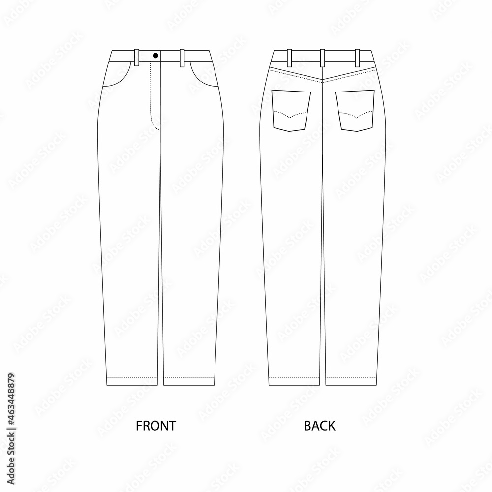 Vector illustration of jeans. Mom jeans template design. Pants with pockets technical sketch. Vector illustration of jeans. Mom jeans template design. Pants with pockets technical sketch.
