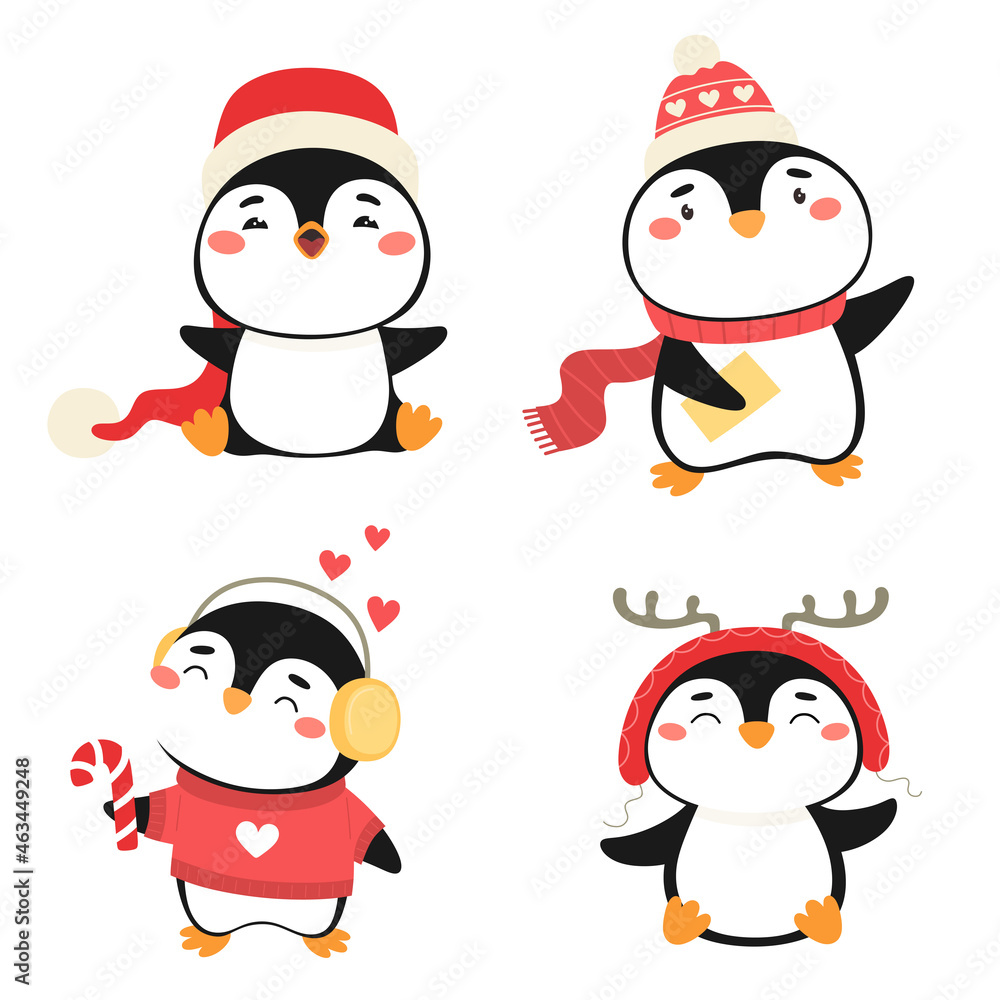 Set of cute cartoon penguins. Children's illustration of Christmas penguins in hats and scarves. Vector illustration for decoration and children's clothing, prints.