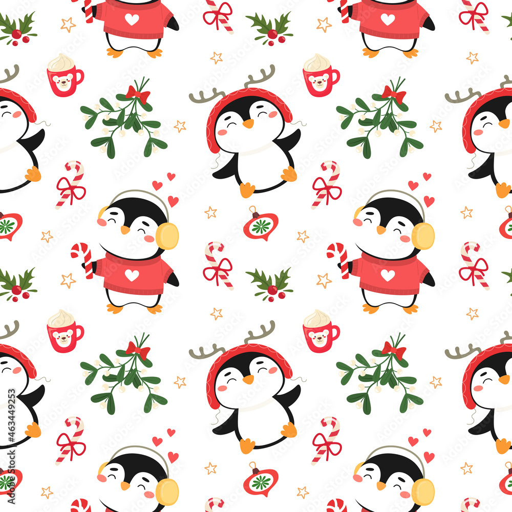 Seamless pattern with cute Christmas penguins and elements. Festive vector illustration.