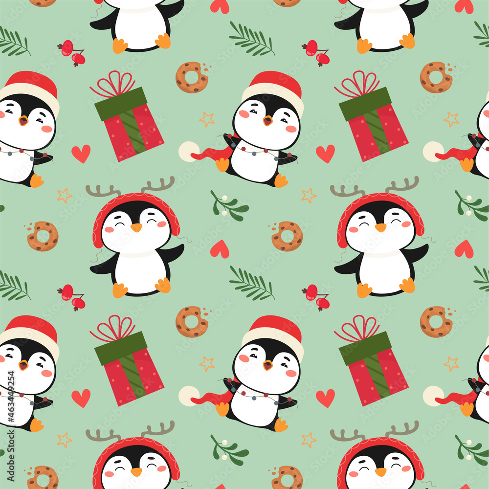Fototapeta premium Seamless pattern with cute Christmas penguins and elements. Festive vector illustration.