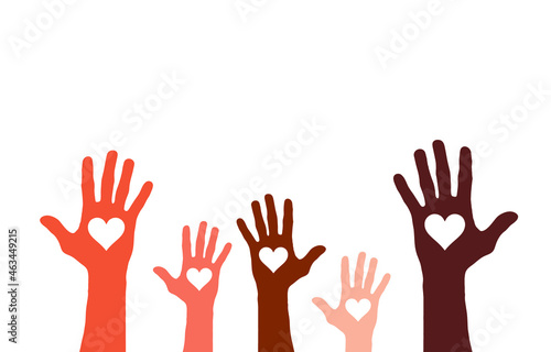Raised hands in the air with heart shape, volunteer concept vector illustration