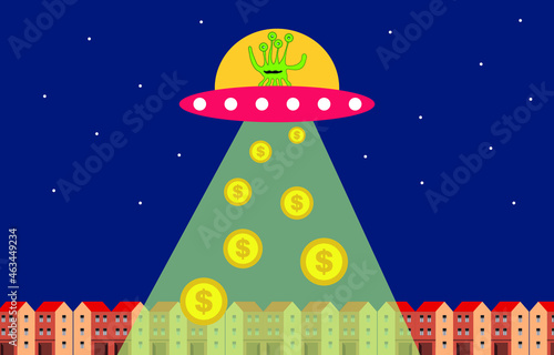 Aliens steal treasure, gold dollar coins from the planet, vector illustration