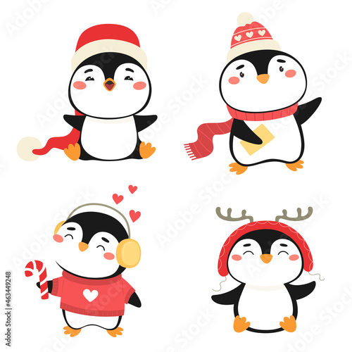 Fototapeta Naklejka Na Ścianę i Meble -  Set of cute cartoon penguins. Children's illustration of Christmas penguins in hats and scarves. Vector illustration for decoration and children's clothing, prints.