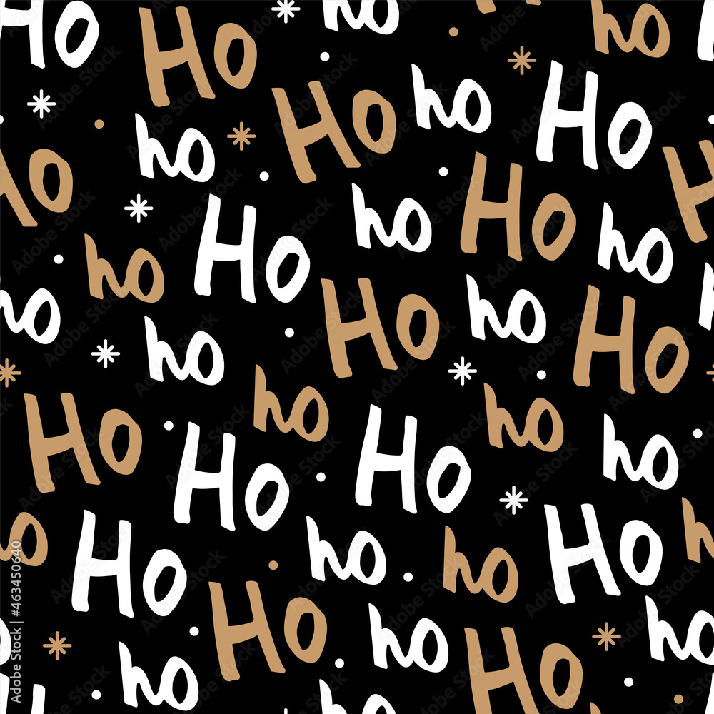 Vector seamless Ho ho ho pattern with snowflakes. Santa Claus laugh. Template texture for Christmas design. Black background with gold handwritten words ho. Fabric textile print